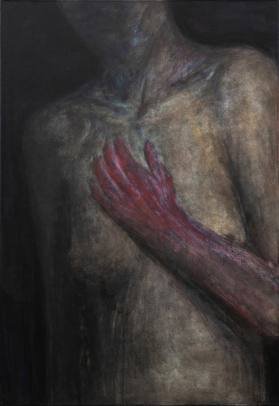 박치호 <붉은 손>, 2025, 린넨에 아크릴릭, 65.5x96cm 