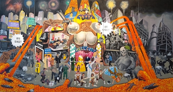 김우성 &lt;Hell City&gt;, 2022, 캔버스에 유채, 480x260cm