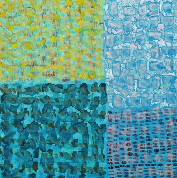정명숙 &lt;그림모내기-씨앗 뿌리기&gt;, 2022, 캔버스에 종이, 혼합재, 72x72cm
