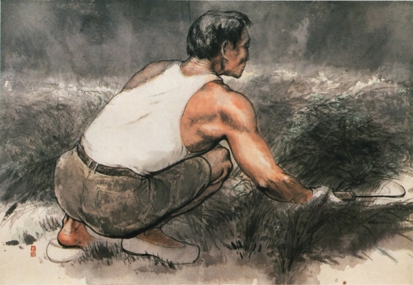 김진수 &lt;잡풀베기&gt;, 1992, 한지에 수묵담채, 130x90cm