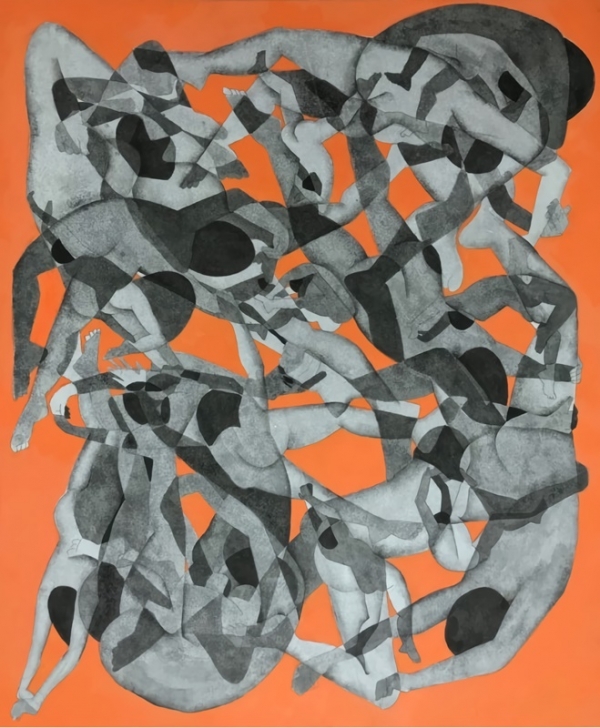 나지수 &lt;군상_喜&gt;, 2018, 장지에 수묵채색, 73x60.5cm