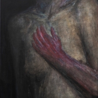 박치호 <붉은 손>, 2025, 린넨에 아크릴릭, 65.5x96cm 